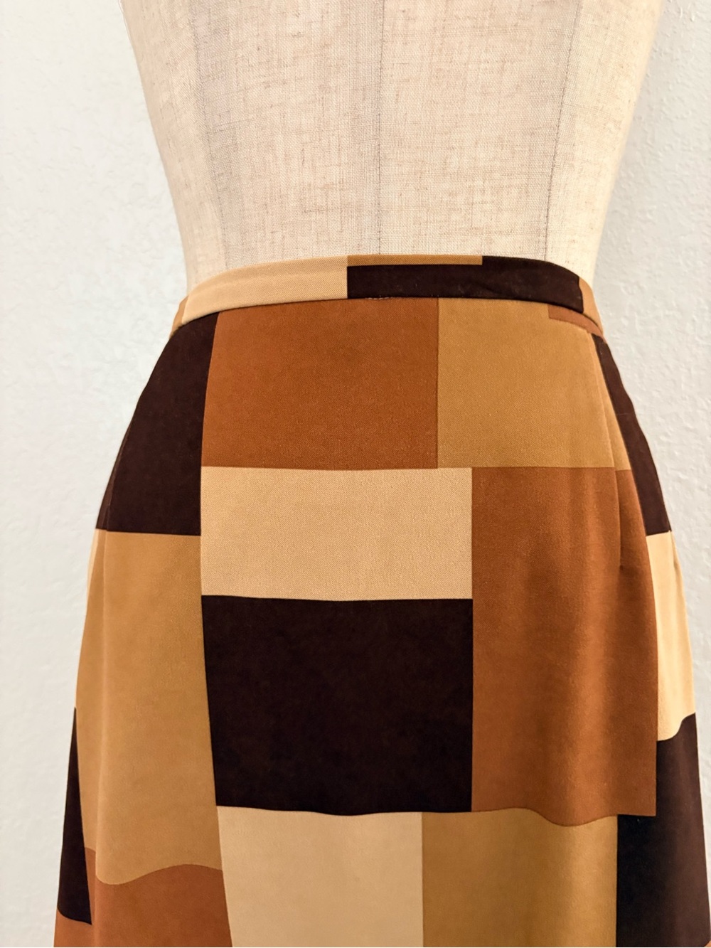 VTG 90s Y2k Brown Patchwork Geometric Midi Straight Skirt Brown Tan 16 - Picture 6 of 14